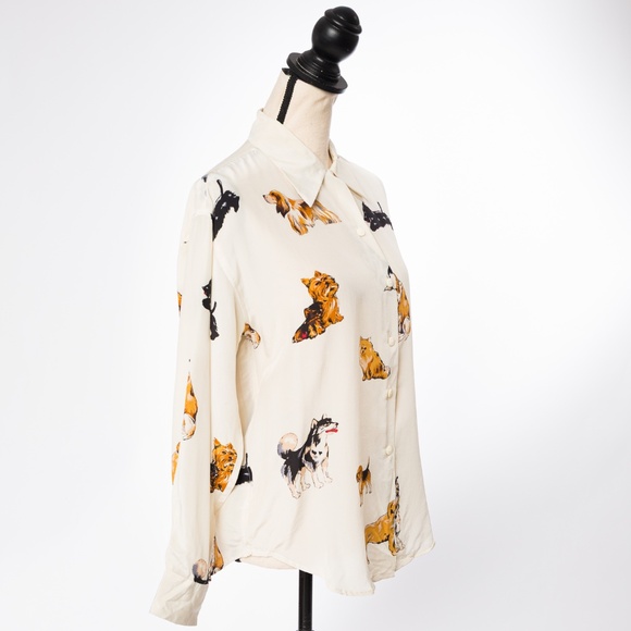 100% silk dog lover blouse cream Fu Da size M - Picture 7 of 12